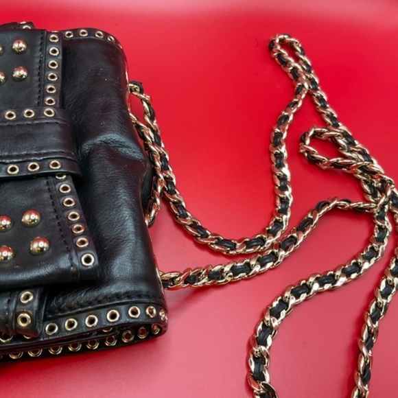 REBECCA MINKOFF Sweetie Studded Bow Black/ Gold Leather Shoulder Bag - Picture 5 of 12